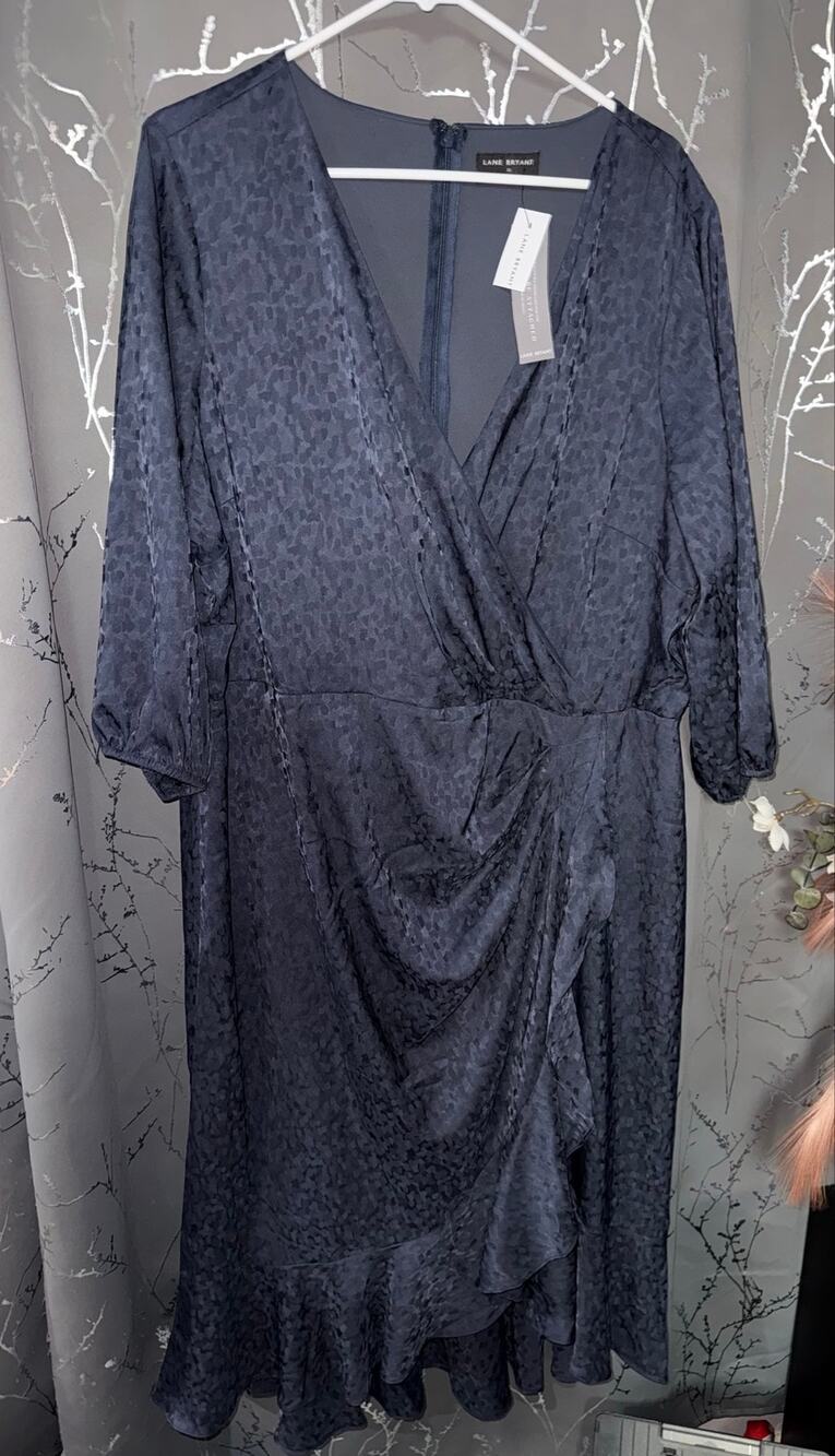 Lane Bryant Navy Tonal Print Faux Wrap Ruffle Dress Size 22 NWT